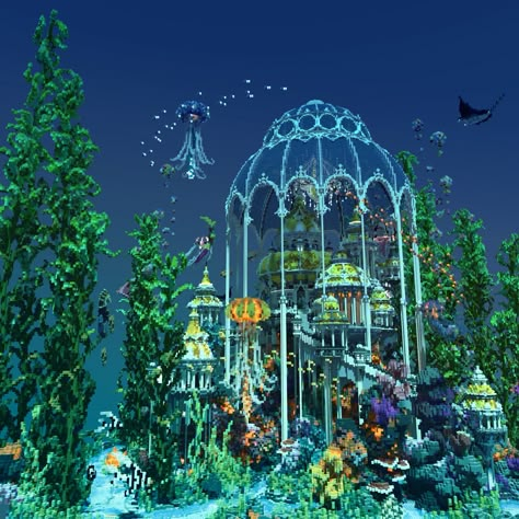 Sky City Minecraft, Underwater Castle Minecraft, Minecraft Ocean Base Ideas, Minecraft Megabase Inspiration, Dark Prismarine Builds Minecraft, Minecraft Castle Inspiration, Minecraft Building Ideas Underwater, Minecraft Underwater City, Minecraft Mega Build Ideas