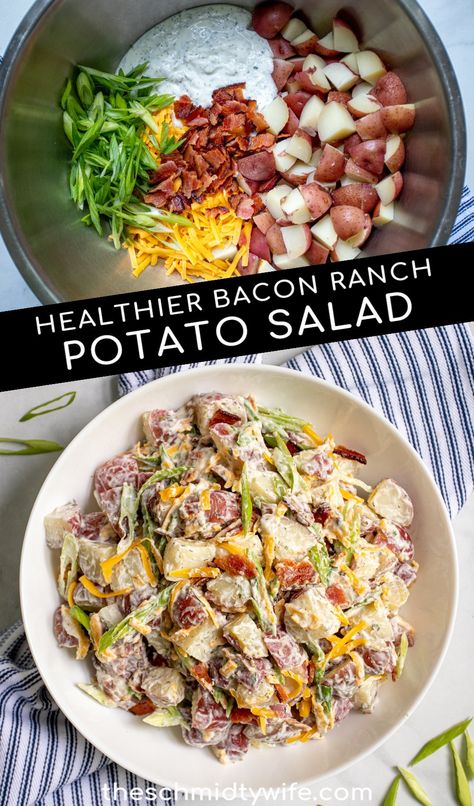 Easy to make ahead and so perfect for a summer side dish my Lightened Up Bacon Ranch Potato Salad is sure to delight. Packed with yummy ranch seasoning, yogurt, bacon, and cheddar cheese you won’t even notice that this potato salad has no mayo! Healthy Bacon Ranch Potato Salad | Healthy Potato Salad | Easy Potato Salad | No Mayo Potato Salad Ww Potato Salad, Family Reunion Lunch Ideas, High Protein Potato Salad, No Mayo Potato Salad, Ww 2023, Potato Salad No Mayo, Bacon Ranch Potato Salad, Potato Salad With Bacon, The Best Potato Salad