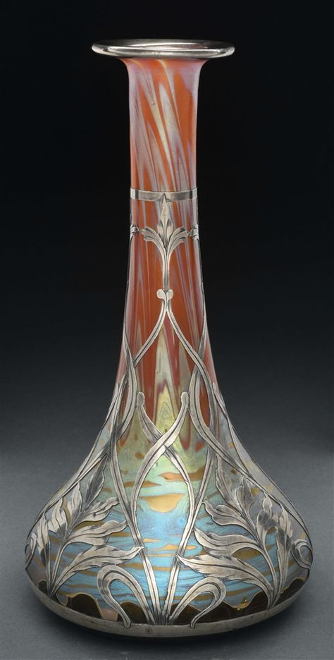 Loetz Phaenomen Silver Overlay Vase. Bohemian Art Nouveau Glass Vase. Art Nouveau Glassware, Art Deco Objects, Art Nouveau Pottery, Art Nouveau Sculpture, Art Nouveau Vase, Art Nouveau Furniture, Art Deco Vases, Art Nouveau Silver, Art Deco Vase