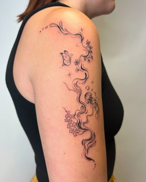 Tattoos • Instagram Wisteria Tree Tattoo, Cute Arm Tattoo, Dreamy Tattoo Ideas, Whimsy Tattoo, Arm Tattoos Ideas, Big Gangsta, Fairytale Tattoo, Whimsical Tattoos, Tattoos Instagram