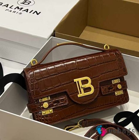 Uubags | Balmain B-Buzz bag in dark brown crocodile-embossed calfskin 23x14x8cm - uubags.org Balmain Bag, Balmain Paris, Tote Backpack, Caribbean Netherlands, Crossbody Shoulder Bag, Backpack Bags, Calf Skin, Dark Brown, Paper Bag