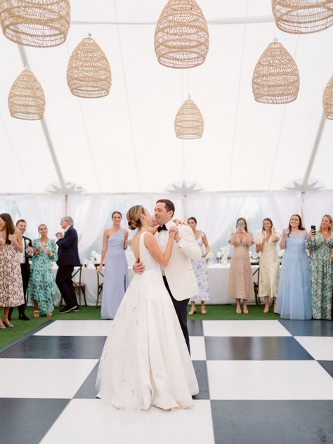 Gasparilla Inn Wedding | Stephanie & Phil Black And White Dance Floor, Checkered Dance Floor, Villa Lena, Black And White Dance, Gasparilla Inn, White Dance Floor, Floor Lanterns, Monique Lhuillier Bridal, Monique Lhuillier Gowns