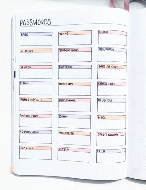 Life Organization For Bullet Journals – Sidereal Life | Bullet journal ideas pages, Bullet journal books, Bullet journal writing Page Fillers, Password Keeper, Bulletin Journal, Bullet Journal Page, Creating A Bullet Journal, Bullet Journal Notes, Bullet Journal Paper, Bulletin Journal Ideas, Self Care Bullet Journal