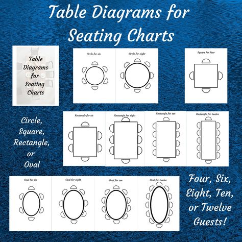 Printable pages for planning your dinner party seating chart(s).  Includes different table shapes and from 4 to 12 guests per table. Some tables lend themselves to increased seating, so there are more diagrams for rectangle and oval tables because of the increased room at those tables.  This would be a great resource for wedding planning, party planning, graduation parties, bridal showers, or any other sit down event.  Print as many diagrams as you need for your own personal use. One download can be used multiple times! Round Table Seating Capacity, 8ft Table Seating, Wedding Reception Table Layout 150 People, Table Setup For Party Layout, Rectangular Table Wedding Layout, Wedding Layout Reception Floor Plans, Kings Table Wedding Layout, Table Sizes And Seating, Wedding Table Set Up Layout