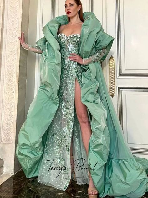 Sage Green Taffeta Coat Evening Cape Puffy Edge Fashion Long Jacket Short Sleeves Bolero For Lady Outfit Shawl Without Dress - AliExpress 320 Gala Evening Dresses, Unique Evening Gowns, Met Gala Fashion, Short Sleeve Bolero, Green Clothes, Edge Fashion, Green Outfits, Gala Fashion, Disney Bounding