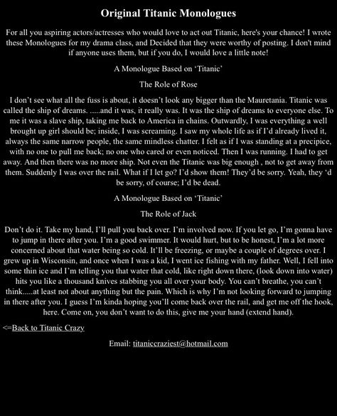 Monologues From Movies, Acting Practice, Audition Monologues, Original Titanic, Tyler Perry Movies, Acting Monologues, Acting Lessons, Eternal Sunshine Of The Spotless Mind, Drama Class