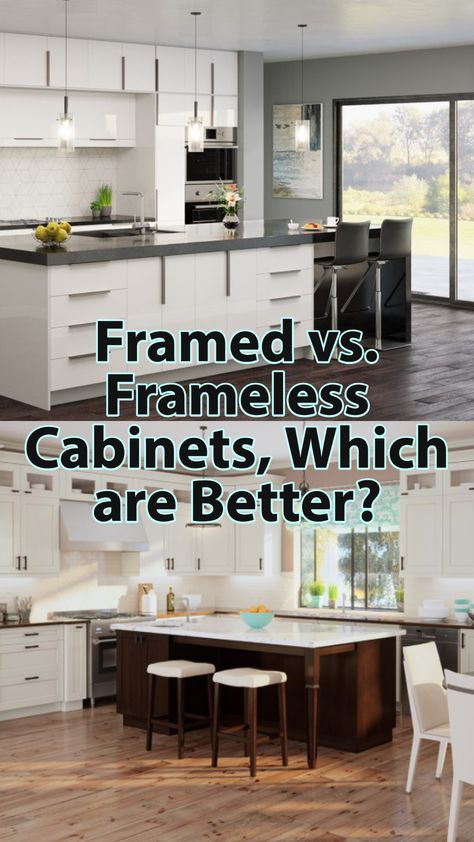 When choosing kitchen cabinets online, there are two types of construction to consider: Framed or Frameless cabinetry. Both provide endless design possibilities and their own unique advantages and ship as ready to assemble cabinets or pre-assembled kitchen cabinets. Here are some things to consider as you decide which type of cabinet construction is best for your clients. Framed Cabinets Kitchen, Framed Vs Frameless Cabinets, Kitchen Cabinet Material Types, Frameless Kitchen Cabinets Modern, Frameless Cabinets Kitchen, Types Of Kitchen Cabinets Styles, Kitchen Cabinets Types, Flat Kitchen Cabinets, Kitchen Cabinets Styles