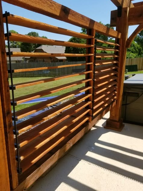 Pergola Blinds, Outdoor Patio Wood Slats, Vertical Wood Slat Room Divider Patio, Louvered Deck Privacy, Louvered Pergola With Screen, Louvered Pergola Wall, Backyard Improvements, Backyard Patio Deck, Outdoor Shutters