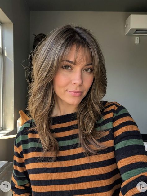 22 Stunning Layered Mid-Length Hair Ideas for Every Style and Shade 90s No Haircut Haircut, Wispy Bangs No Layers, Mid Length Haircuts With Bangs, Curtain Bangs Mid Hair, Haircuts With No Bangs, Air Bangs Hairstyles, Messy Bangs Medium Hair, Shoulder Length Blowout Hair, Shoulder Length Wispy Bangs