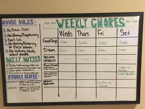 Cleaning Board Chore Charts, Family Whiteboard Ideas, Chore Chart Layout Ideas, Chore Chart For Roommates College Apartments, Chore Board Ideas Dry Erase, White Board Chore Chart Ideas, Family White Board Ideas, Chore Whiteboard, White Board Chore Chart