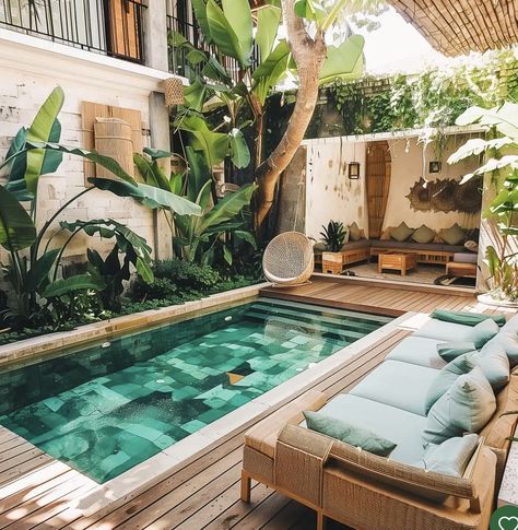 Bali Backyard, Pool Entertainment Area, Tropical Backyard Landscaping, Backyard Pool Ideas, Garden Planning Layout, Tropical Backyard, Natural Swimming Pool, Architectural Design House Plans, Bali Style