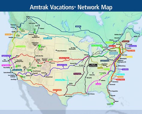 See Amazing Sights On The Train To The Best National Parks | Amtrak Vacations Cross Country Train Trip, Train Travel Usa, Amtrak Train Travel, Amtrak Travel, Cross Country Training, Train Vacations, Train Trips, Train Map, Travel Train