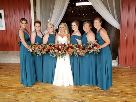 Azazie peacock Peacock Color Bridesmaid Dresses, Peacock And Burnt Orange Wedding, Ink Blue Bridesmaid Dress, Teal And Rust Bridal Party, Peacock Blue Bridesmaid Dresses, Dark Teal And Rust Orange Wedding Flowers, Fall Wedding Peacock, Peacock Azazie Wedding, Azazie Peacock