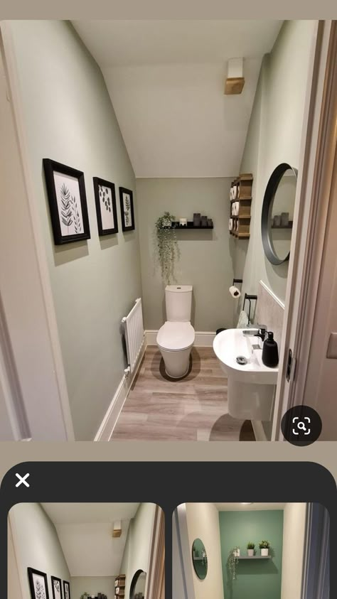 Downstairs Toilet Window, Green And White Toilet Room, Rental Toilet Makeover, Under Stair Wc Ideas, Downstairs Toilet Under Stairs, Beige Downstairs Toilet, Under Stairs Cloakroom Ideas, Small Toilet Room Under Stairs, Small Half Bathroom Ideas Under Stairs