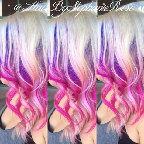 Blonde pink and purple hair Blonde Pink Balayage, Pink Peekaboo Hair, Purple Blonde Hair, Pink And Purple Hair, Underlights Hair, Rambut Brunette, Pink Ombre Hair, Purple Ombre Hair, Pink Blonde Hair