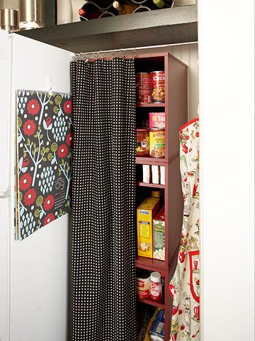 Homestead Revival: Inspiration Friday: The Pantry! Small Apartment Food Storage, Curtains For Storage Shelves, Pantry Curtains Ideas, Pantry Space In Small Kitchen, Cupboard Covering Ideas, Bookcase With Curtain, Curtain Over Shelves, Small Pantry Beside Refrigerator, Make Shift Pantry Ideas