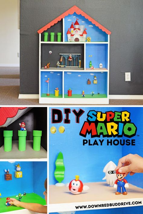 Make your very own DIY Super Mario Play House with this easy to follow tutorial! Turn something old into something new and awesome!  DIY Super Mario Play House | Mario Play House | Mario Doll House | Super Mario Doll House | Super Mario DIY | Nintendo Play House | Down Redbud Drive #supermario #diyplayhouse #supermarioplayhouse #diydollhouse #mariodollhouse #diy Super Mario Bros Doll House, Mario Playset Diy, Super Mario Doll House Diy, Diy Super Mario Dollhouse, Diy Mario Dollhouse, Mario Brothers Room Ideas, Super Mario Diy Crafts, Super Mario House Diy, Mario Doll House