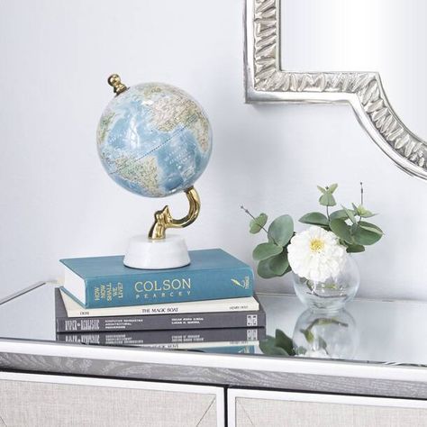 Winston Porter 8" x 5" x 5" Aquamarine Marble and Wood Modern Globe & Reviews | Wayfair World Globe Decor, Flat Marbles, Marble Stand, Globe Decor, World Globe, Coastal Design, Blue Marble, Console Tables, Golden Globes