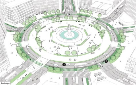 Complex Intersection: Improving Traffic Circles Circle Stairs, Architecture Design Presentation, Urban Design Graphics, Eco City, Urban Landscape Design, Architecture Sketchbook, Architectural Floor Plans, Duplex House Design, Road Design