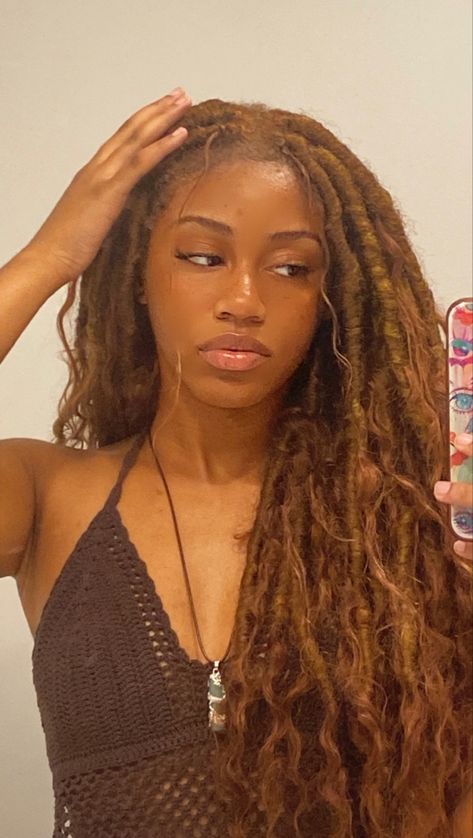 Locs With Straight Ends, Golden Brown Locs, Brown Boho Locs, Realistic Faux Locs, Medusa Locs, Waterfall Locs, Boho Locks, Fairy Locs, Brown Locs