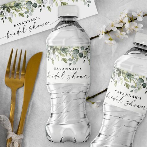 Greenery Leafy Branch Modern Script Bridal Shower  Water Bottle Label Bridal Shower Greenery, Eucalyptus Garden, Water Bottle Labels Wedding, Wedding Water Bottles, Olive Branches, Shower Water, Watercolor Greenery, Water Bottle Label, Wedding Drink