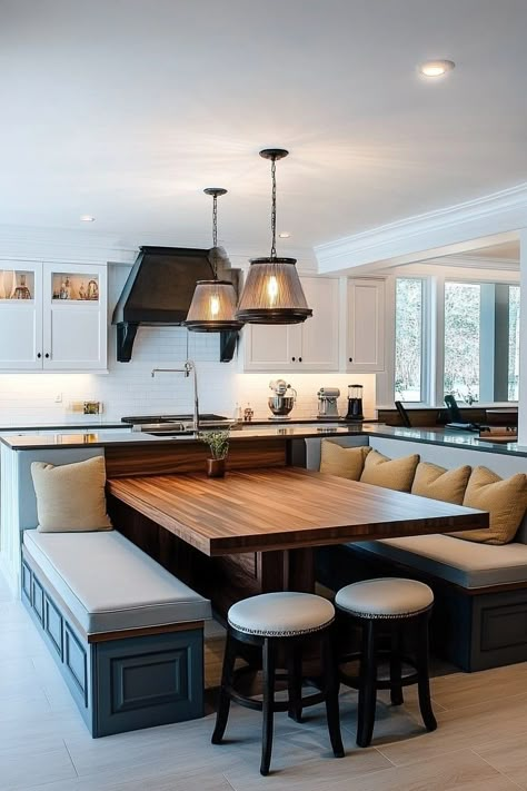 Kitchen with booth seating around a wooden island and black lights above Kitchen Island Bench Seating, Types Of Kitchen Islands, Kitchen Island Booth, Kitchen Island Table Combo, Booth Seating In Kitchen, Kitchen Booths, Easy Home Upgrades, Kitchen Renos, Seating In Kitchen