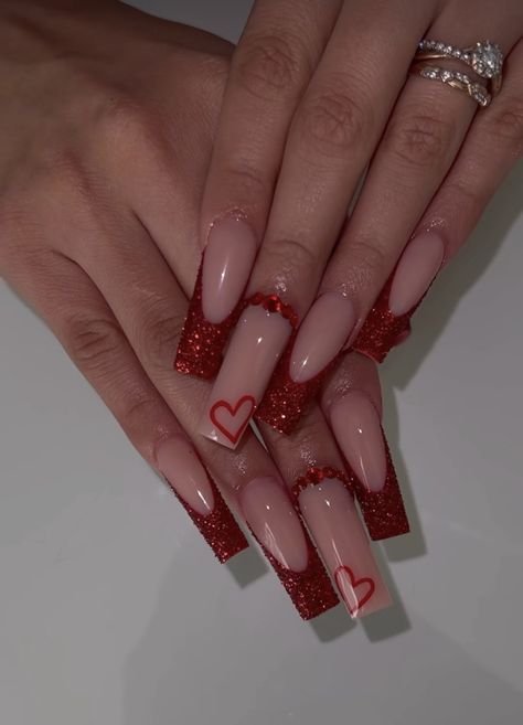 Red Acrylic Nails With Diamonds, Prom Nails Heart, Red Nail Set With Gems, Birthday Nails With Hearts, Sparkle Valentines Day Nails, Maroon Valentines Nails, Red Valentines Day Nails Square, Red Vday Nails Valentines Day, Nails Inspo Valentines Day