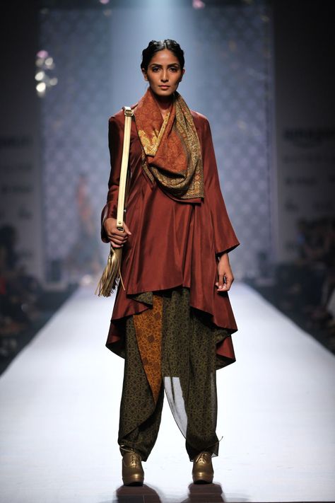 Maroon asymmetric jacket kurta with mustard and olive grreen printed dhotis and maroon printed stole available only at Pernia's Pop Up Shop. Historical Indian Clothing, Fantasy Indian Clothing, Desert Mouse, Hindu Clothing, Indian Women Clothing, Asian Clothing, Thai Fashion, Ethno Style, India Fashion Week