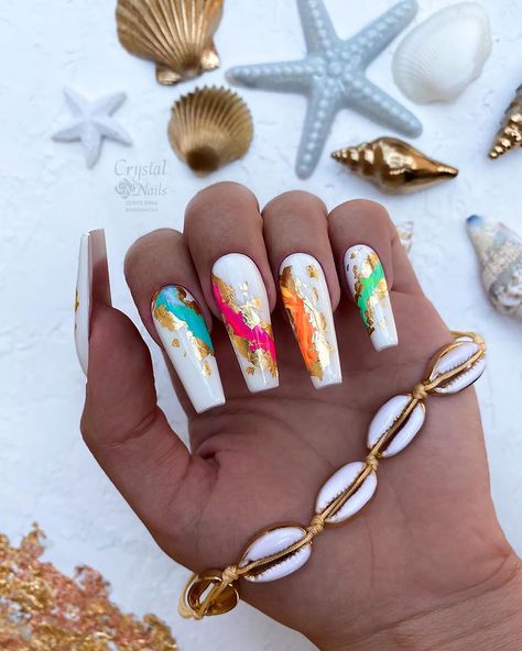 Out There Nail Designs, Summer Bride Nails, White Nails With Color Designs, White Colorful Nails, Gel Nail Designs For Vacation, Summer Nails With Foil, Costa Rica Nail Ideas, Funky Summer Nail Designs, Summer White Nails With Designs