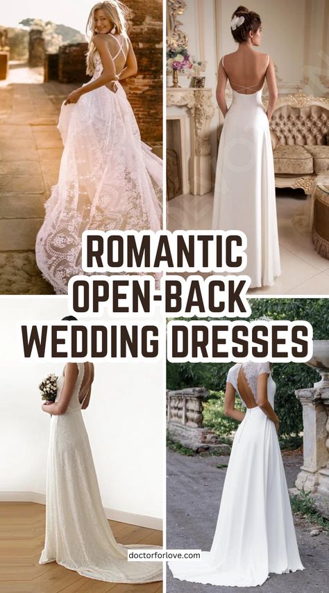 Backless bridal gown ideas for your special day. Romantic, whimsical wedding dresses with open-back design. Wedding day / Wedding gown / Bridal look / Open back dress / Backless wedding dress Sleeveless Backless Wedding Dress, Wedding Dresses Back Jewelry, Backless Gown Designs, Hair Styles For Open Back Dress, Bridal Gown Ideas, Whimsical Wedding Dresses, Romantic Whimsical Wedding, Backless Wedding Dresses, Twilight Wedding