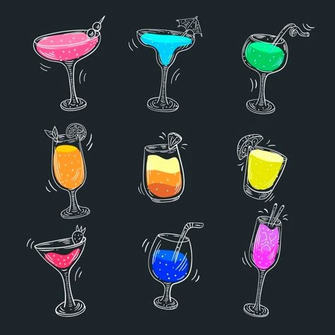 Cartoon Cocktails Illustrations, Drink Art Illustration, Drink Art Drawing, Bar Drawing Illustration, Drink Illustration Graphics, Cocktail Logo Design, Cocktail Doodle, Drink Graphic Design, Cocktail Cartoon