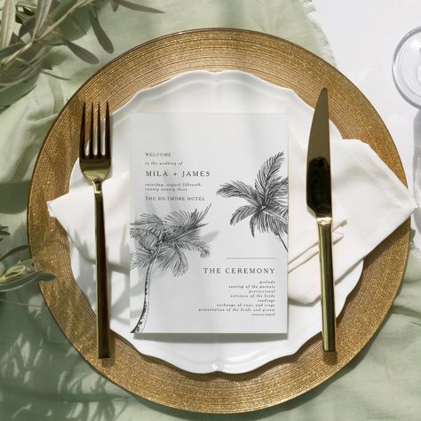 This modern minimalist tropical wedding program features minimalistic line art palm trees that are fully color customizable alongside the text. Our contemporary tropical wedding collection is perfect for a beach or destination wedding, and this program card can be edited to fit your specific wedding needs! Unique Tropical Wedding Ideas, Beach Wedding Boho Decor, Classy Tropical Wedding, Tropical Minimalist Wedding, Minimalist Tropical Wedding, Tropical Glam Wedding, Wedding Personal Touches, Hawaii Wedding Ideas, Modern Tropical Wedding