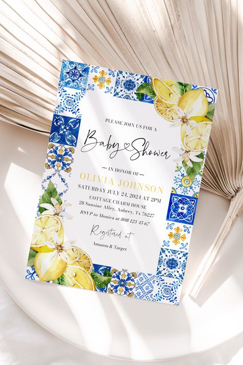 Positano Blue Tiles Lemon Baby Shower Invitation Template, Italian Mediterranean Baby Shower Invite Amalfi Coast Summer Lemon Baby Shower M5 Italy Lemons Amalfi Coast, Italian Themed Wedding Invites, Almafi Coast Wedding Theme, Amalfi Coast Invitation, Amalfi Coast Wedding Invitations, Mediterranean Invitations, Amalfi Coast Wedding Theme, Amalfi Coast Color Palette, Almafi Coast Wedding