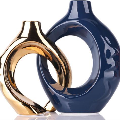 Ceramic Donut Hollow Vase Set of 2 for Home Decor, Blue and Golden Modern Nordic Vases Minimalist Decorative Vase for Table Centerpiece Décor Living Room. Gold Console Table Decor, Vase For Pampas, Minimalist Centerpiece, Dining Room Table Centerpiece, Donut Vase, Minimalist Vase, Gold Console Table, Nordic Vase, Beautiful Vases