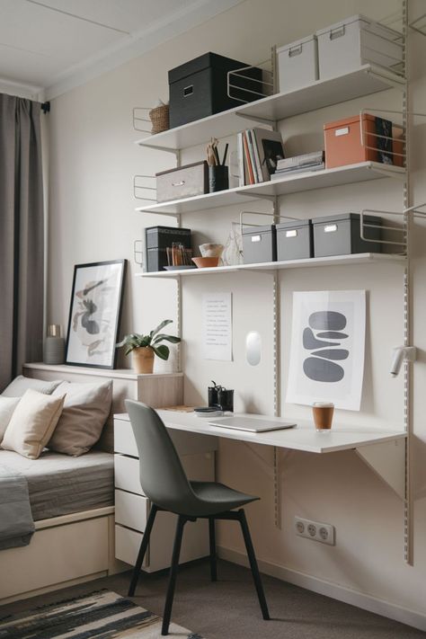 wall-mounted desk with integrated shelving system above workspace Bedroom Shelving Ideas, Bedroom Shelving, Smart Bedroom, Shelving Ideas, Shelves In Bedroom, Work Harder, Look Beautiful, Bedroom Storage, Bedroom Ideas