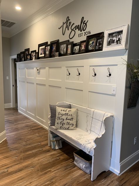 Foyer. Our hall tree substitute! ❤️ Large Hall Tree Entryway, Hall Tree With Bench And Shoe Storage, Hall Tree Wall, Tree Hall Bench Entryway, Wall Tree Entryway, Wall Hall Tree, Hall Tree Entryway Diy, Hall Tree Decorating Ideas, Small Foyer Design