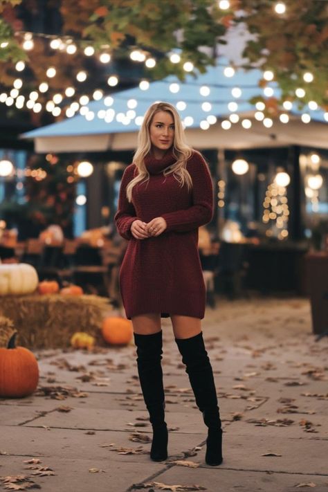 A stylish woman in a deep red knit dress and black thigh-high boots, posing under fairy lights at a cozy fall café, perfect for an effortless fall date night look Thigh High Black Boots, Date Night Style, Fall Date Night, Red Knit Dress, Cool Autumn, Autumn Evening, Fall Dates, Night Style, Fashion Night