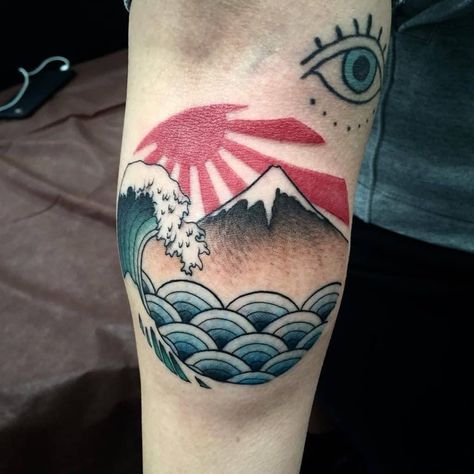 Rising Sun Tattoo Rising Sun Tattoo, Sun Tattoo Meaning, Rising Sun Tattoos, Cross Tattoo Meaning, Small Wave Tattoo, Japanese Tattoos For Men, J Tattoo, Sun Tattoo Designs, Tattoos Sleeve