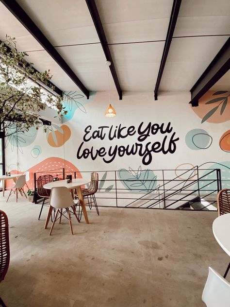 Restaurar decor, inspo, wall painting Accent Wall Restaurant Interior Design, Murals In Restaurants, Instagram Wall Ideas Cafe, Cafe Wall Art Murals Food, Cafe Wall Painting Ideas, Cafe Accent Wall, Cafe Wall Decor Ideas, Wall Cafe Design, Restaurant Wall Painting Art