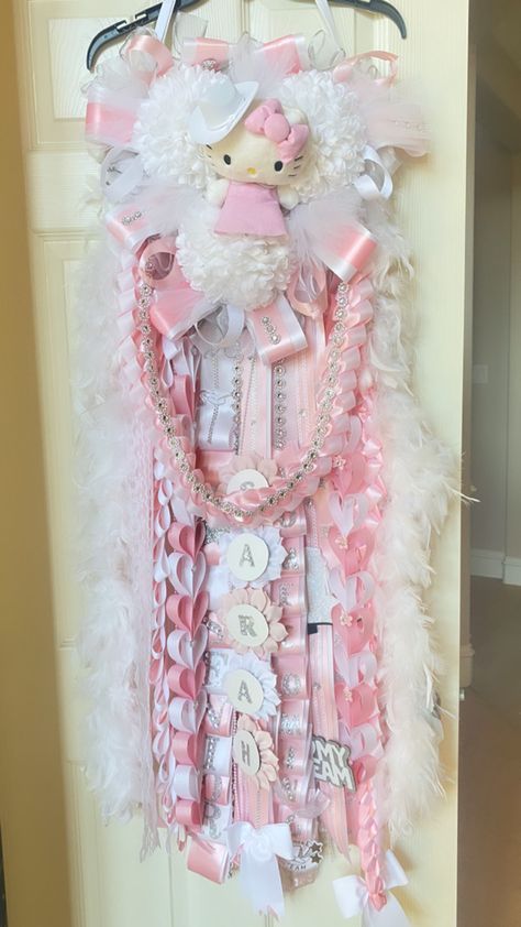 Senior Mums Homecoming Hello Kitty, Pink And White Homecoming Mum, Cute Mums Homecoming, Pink And White Mums Hoco, Pink Hoco Mum, Pink Mums Homecoming Senior, Pink Senior Mum, Pink And White Mum, Hello Kitty Mums Homecoming