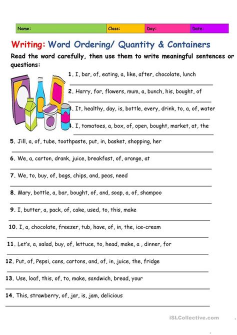 Esl Writing Activities, Jumbled Words, Punctuation Worksheets, Reading Comprehension For Kids, Meaningful Sentences, English Teaching Resources, Word Order, English Exercises, Language Worksheets