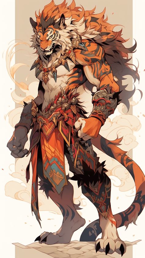 one of the tiger people Tiger People Character Design, Tiger Wolf Hybrid, Tiger Warrior Art, Tiger Barbarian, Feline Character Design, Tiger Character Design Human, Tiger Person, Tiger Concept Art, Humanoid Tiger