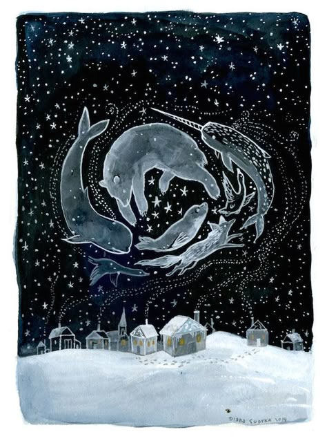 DIANA SUDYKA “Arctic Night” Sky With Stars, Swimming In The Ocean, Arte Animal, In The Ocean, Art Watercolor, Drawing Techniques, Book Illustration, Art Paint, 그림 그리기