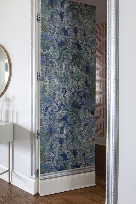 https://lucyandcompanyblog.blogspot.com/2018/06/install-of-day.html Jib Door, Transitional Bathroom, Hidden Door, Room Doors, Blue Wallpaper, Blue Wallpapers, Powder Room, Laundry Room, Printed Shower Curtain