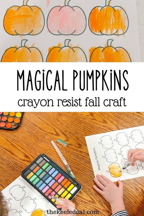 Fun ways to do this magical pumpkins crayon resist watercolor activity, plus a free printable pumpkin page. This activity is perfect for Halloween, Thanksgiving and fall! Pumpkin Toddler Activities, Crayon Resist Watercolor, Pumpkin Crayon, Pumpkin Vine, Model Magic, Watercolor Pumpkins, Fall Craft, Easy Pumpkin, Flip Book