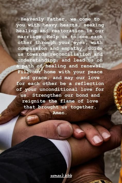 18 Powerful Prayers for Marriage Restoration You Can’t Afford to Miss Check more at https://womansbible.com/prayers-for-marriage-restoration/ Scripture For Marriage Restoration, Prayer For Restoration Of Marriage, Couple Prayers Relationships, Marriage Prayers Restoration, Marriage Restoration Quotes, Reconcile Marriage, Marriage Scripture Quotes, Prayers For Marriage Restoration, Prayers For Marriage