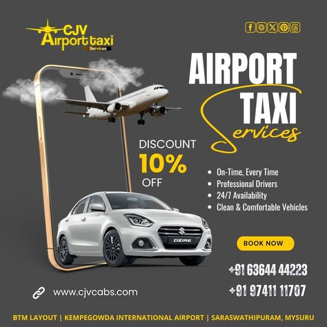 Need a reliable airport taxi in Bangalore? Your search ends here! When it comes to airport transportation, reliability matters. With CJV Cabs, you can count on us for timely and efficient service, ensuring you never miss your flight. Our experienced drivers know the best routes, and our clean, comfortable vehicles provide a pleasant ride. Whether early morning or late at night, we’re here for you 24/7. Book your reliable airport taxi today and travel with peace of mind! 📞 +91 63644 44223 / ... Kempegowda International Airport, Airport Car, Airport Taxi, Travel Poster Design, Airport Transportation, Late At Night, Auto Service, Taxi Service, International Airport