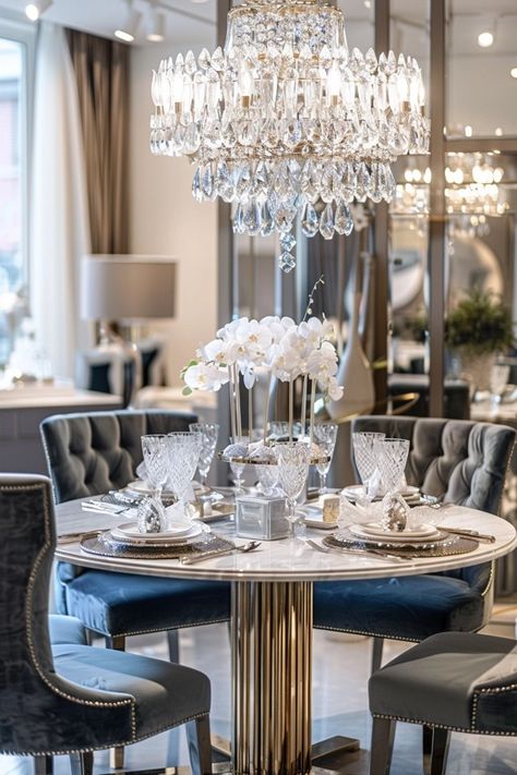 Glamorous Dining Room: Crystal Accents Glamorous Dining Room, Glam Room Decor, Glam Dining Room, Glam Dining, Starburst Chandelier, Transitional Dining Room, Transitional Dining, Unique Furniture Pieces, Classy Decor