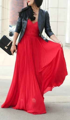 Valentine's Day maxi dress in red with black leather jacket | Red Hot Red Dresses For Valentine's Day | www.divinestyle.co Outfit Vestido Rojo, Hot Red Dress, Red Jacket Leather, Leather Jacket Dress, Pleated Tulle, Scalloped Neckline, Maxi Outfits, Dress With Jean Jacket, Dress Leather