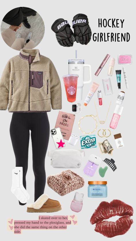 Hockey girlfriend #outfitinspo Hockey Girlfriend Aesthetic, What To Wear To A Hockey Game, Hockey Girlfriend Outfits, Hockey Couples, Hockey Game Outfits For Women, Hockey Game Outfit, Hockey Outfits, Hockey Wife, Hockey Girlfriend